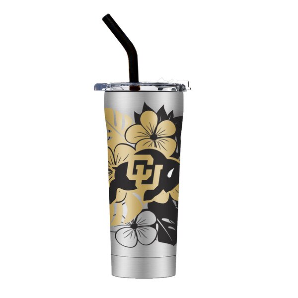 A twenty ounce stainless steel tumbler with a black straw and gold and black floral print, with a C-U buffalo logo on the front.