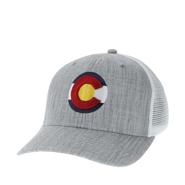 A light grey baseball hat with white mesh backing and a circular logo of the Colorado flag.