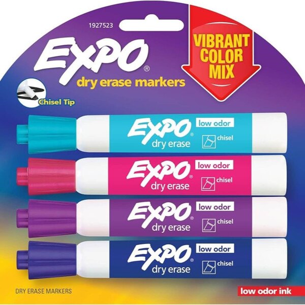 A purple gradient package with four dry-erase markers in different vibrant shades.
