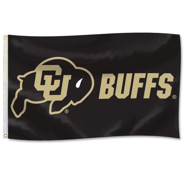 Black flag with the C-U buffalo logo lon the left side with "Buffs" written in vegas gold bold block font to the right of the logo.
