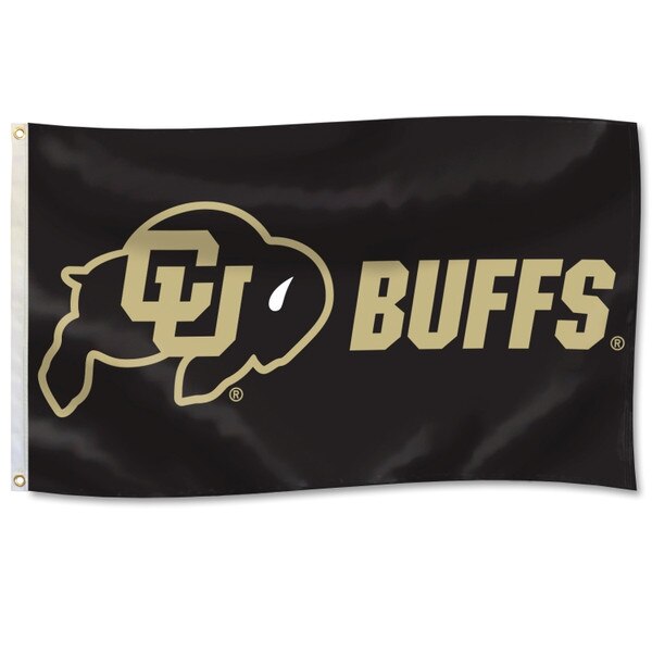 Black flag with the C-U buffalo logo lon the left side with "Buffs" written in vegas gold bold block font to the right of the logo.