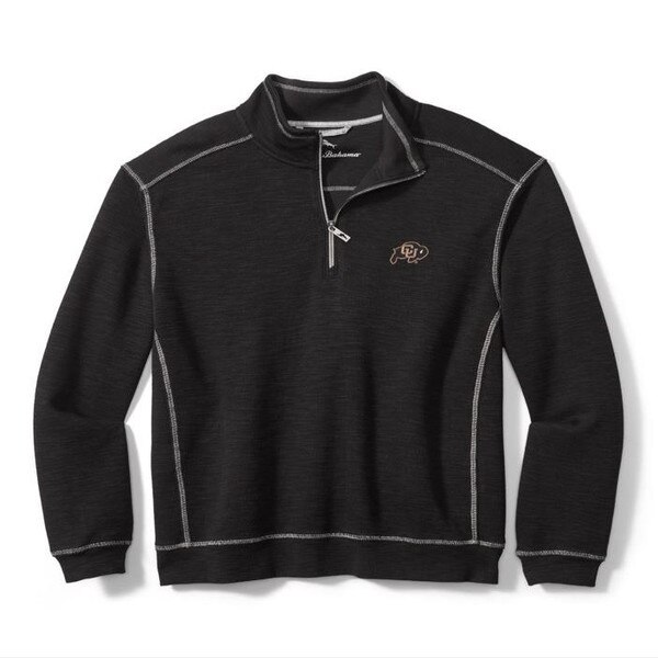 A black half-zip pullover with the CU Buffalo logo embroidered on the left chest in gold. Also features gray seams.