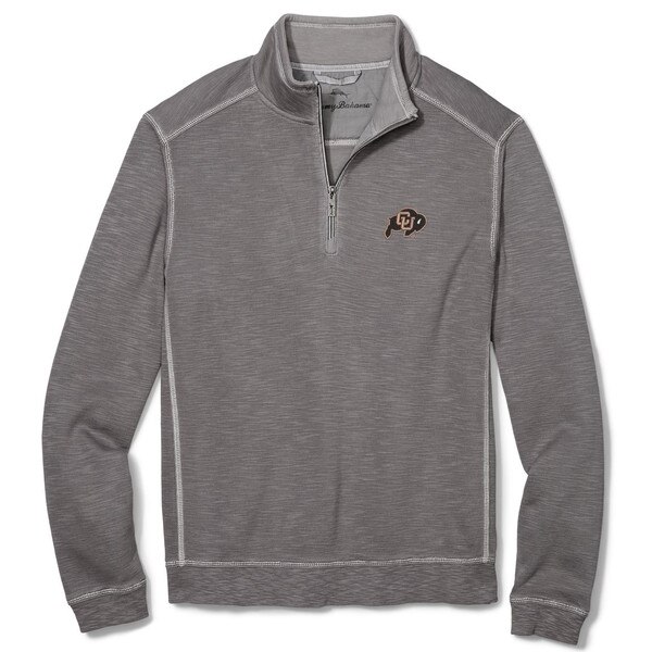 A gray half-zip pullover with the CU Buffalo logo embroidered on the left chest in gold.