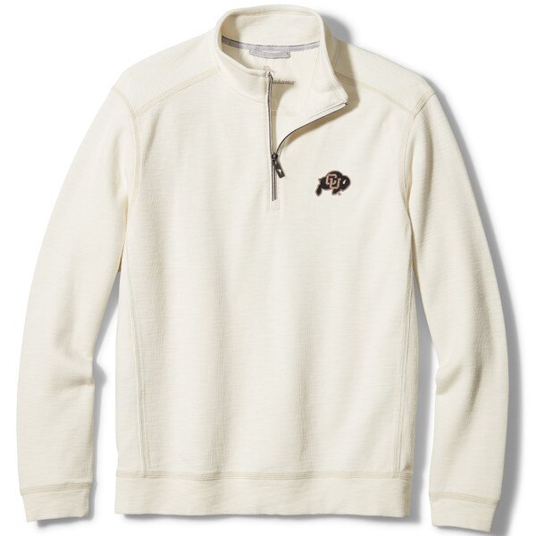 An off-white half-zip pullover with the CU Buffalo logo embroidered on the left chest in gold.
