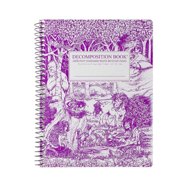 Purple Decomposition spiral notebook with forest fantasy illustration on the cover