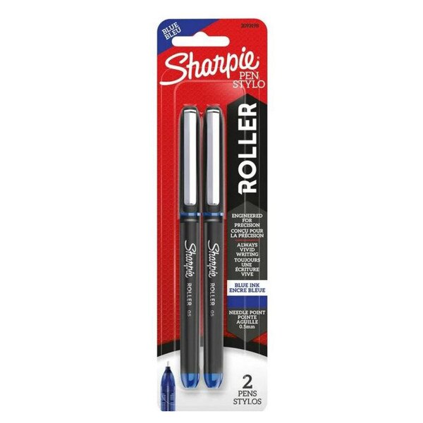 Two-pack of Sharpie blue roller pens with 0.5mm needle point in retail packaging