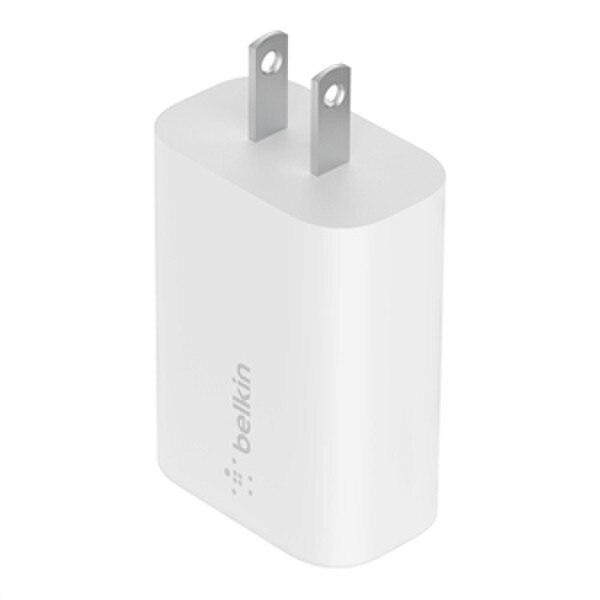 A white charging block that says "belkin" on the side.