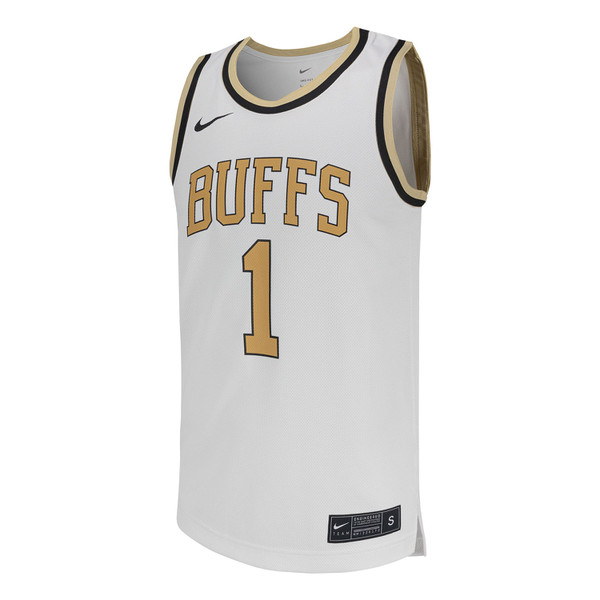 A white Nike Replica Colorado Basketball Jersey with "Buffs" written in Vegas Gold, and black and Vegas Gold accents on the outer parts, and the number 1.
