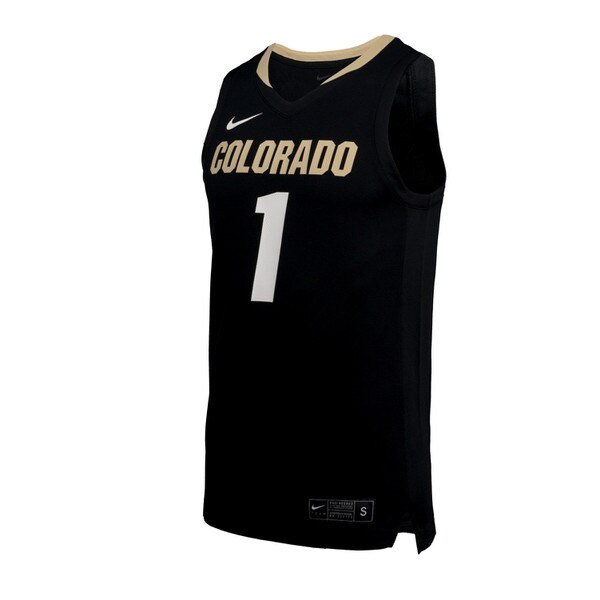 A black sleeveless basketball jersey with Colorado printed in gold across the chest and the number one in white below