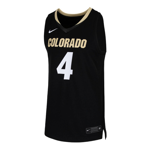 A black Nike Replica Colorado Basketball Jersey with "Colorado" written in Vegas Gold, with Vegas Gold accents on the outer parts, and the number 4.