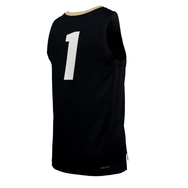 The back of a black sleeveless basketball jersey with a number one printed in white.