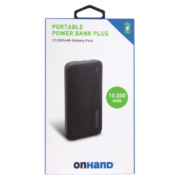 OnHand Portable Power Bank Plus retail packaging with black 10,000mAh battery pack shown on front