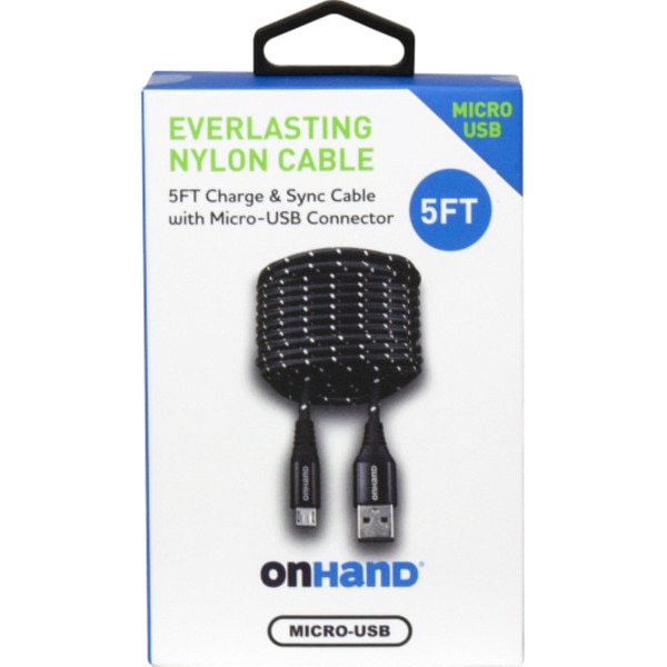 OnHand 5ft black micro-USB nylon charging cable shown coiled in retail packaging with USB connector visible