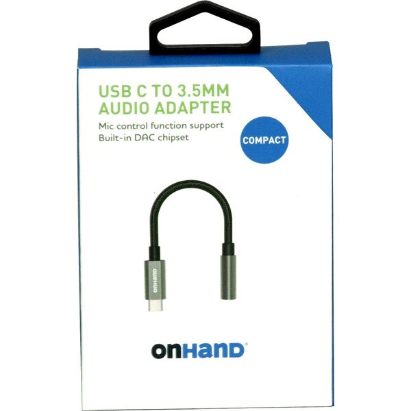 A box containing a black USBC to three point five millimeter audio adapter.