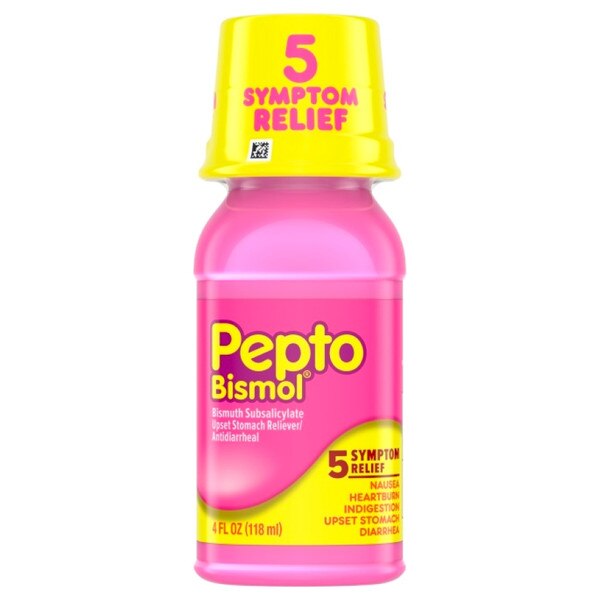 4 ounce bright pink pepto bismol bottle for problems with indigestion.