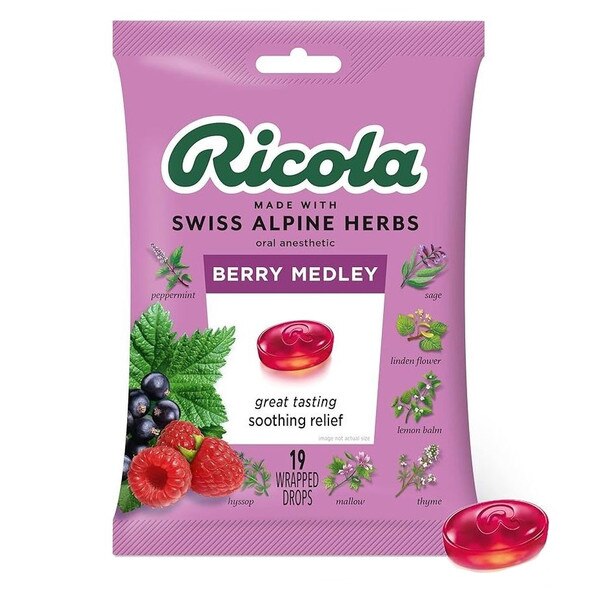A nineteen pack of Ricola berry medley flavored cough drops.