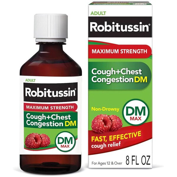 This is a bottle of Adult Robitussin for cough and chest congestion.