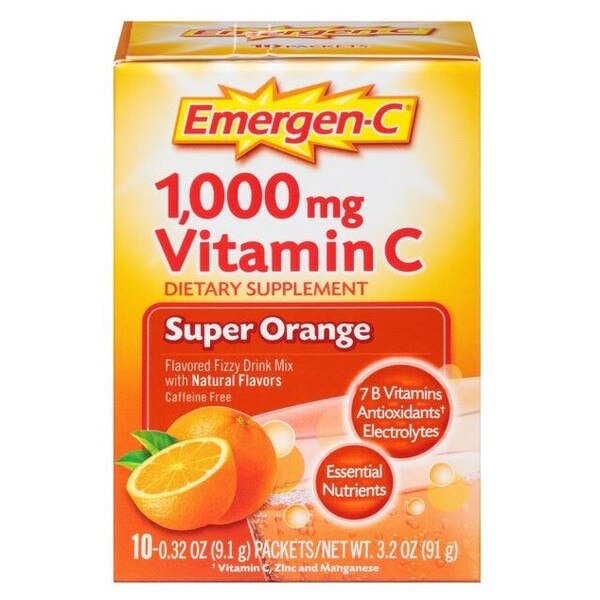 A ten pack of Super Orange flavoured Emergen-C packets.