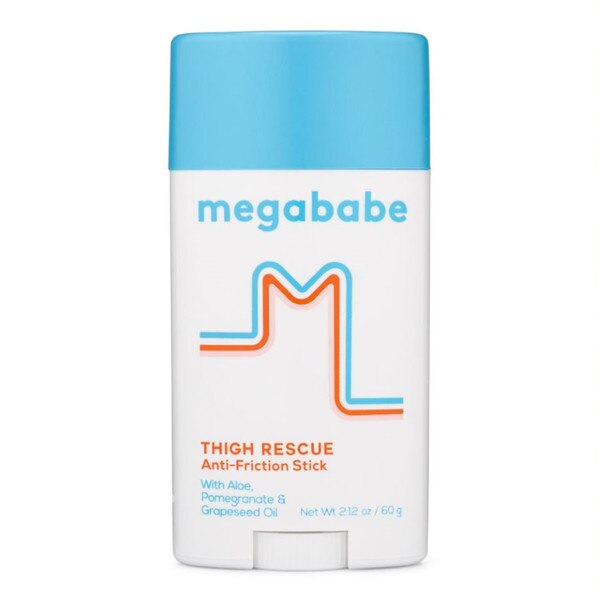 This is a white deodorant-shape stick with a blue lid. It is a thigh chafing rescue stick from Megababe.