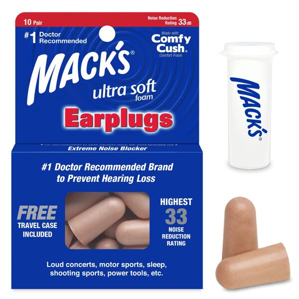 A container that has ten pairs of ear plugs. Also includes a case.