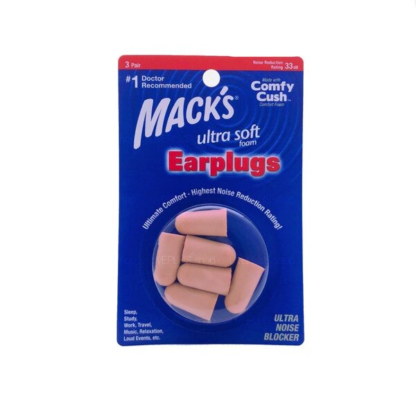 Package of a three set of light brown ear plugs.