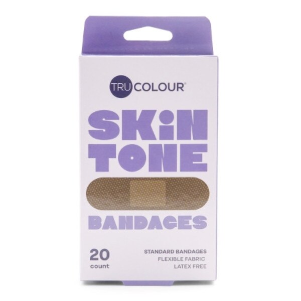 A purple box with a dark brown bandage on the front that includes twenty dark brown bandages.