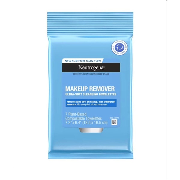 A Neutrogena makeup remover wipe container that includes seven towelettes.