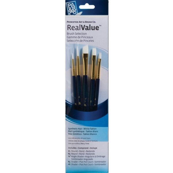 A set of five paintbrushes with white taklon hair and navy blue handles.