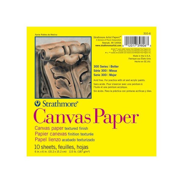 Strathmore 300 Series Canvas Paper pad with 10 sheets of 6" x 6" textured finish paper, ideal for acrylic and oil paint practice.