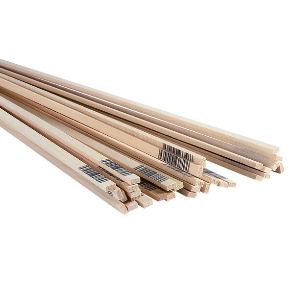 Light wooden stick which dimensions are 1/4" by 1/8" by 24", with small barcode on one edge.