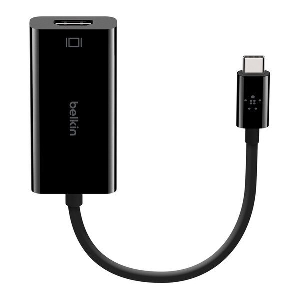Belkin black USB-C to HDMI adapter with belkin logos in light grey writing.