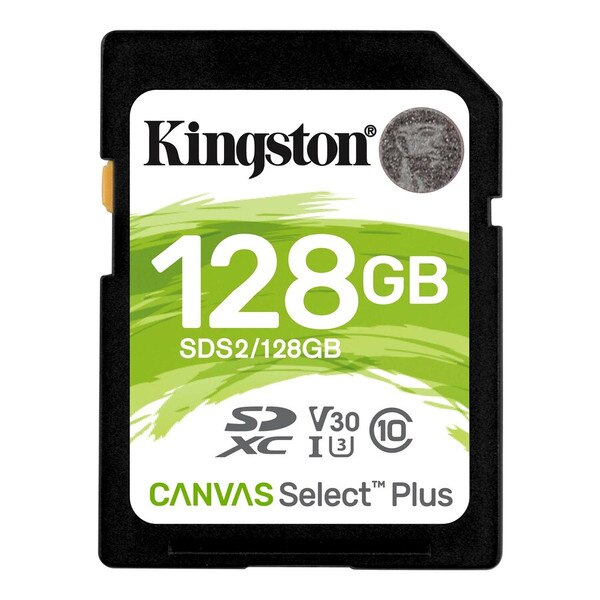 A Kingston SD card that holds one hundred-twenty-eight gigabytes of data.