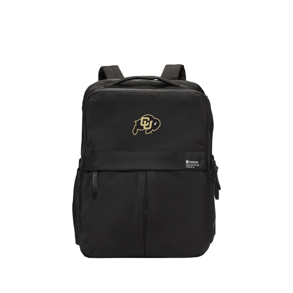 A black lululemon backpack with the CU buffalo logo and two front pockets.