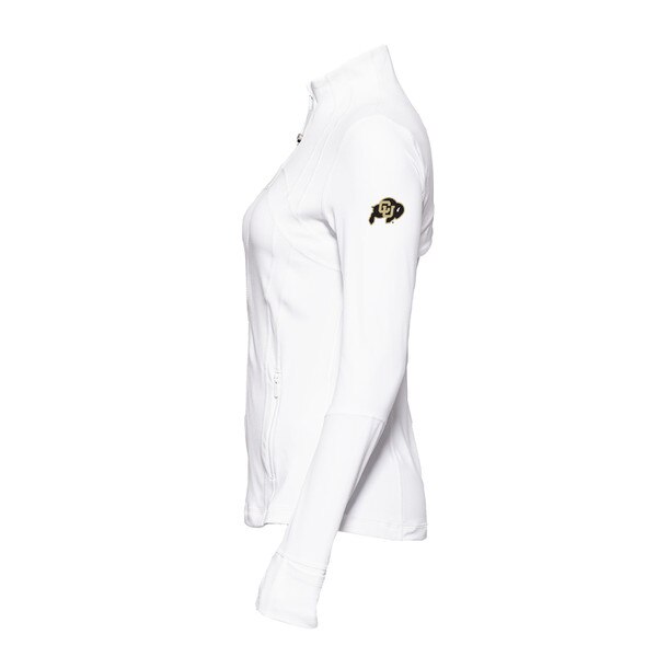 A side shot of the white jacket with the C-U Buffalo logo showing on the left arm.