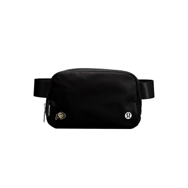 A black belt bag with a C-U buffalo logo on bottom left and a metal lululemon logo on the bottom right.