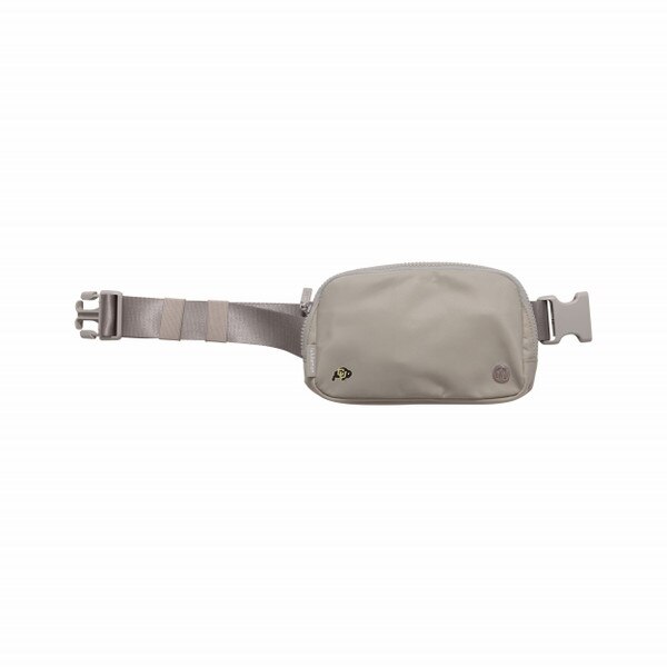 A tan belt bag with a C-U buffalo logo on bottom left and a metal lululemon logo on the bottom right.