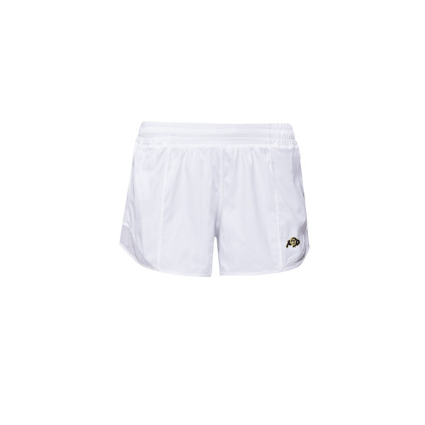 A close-up of the white pair of shorts with a C-U Buffalo logo on the bottom left corner.