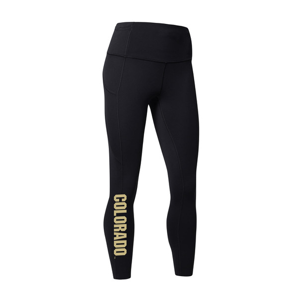 A pair of black leggings with Colorado in bold lettering alongside the outer calf.