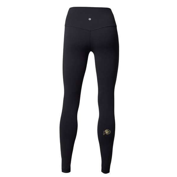 Black high rise lululemon legging with the CU Buffalo logo on the right calf.