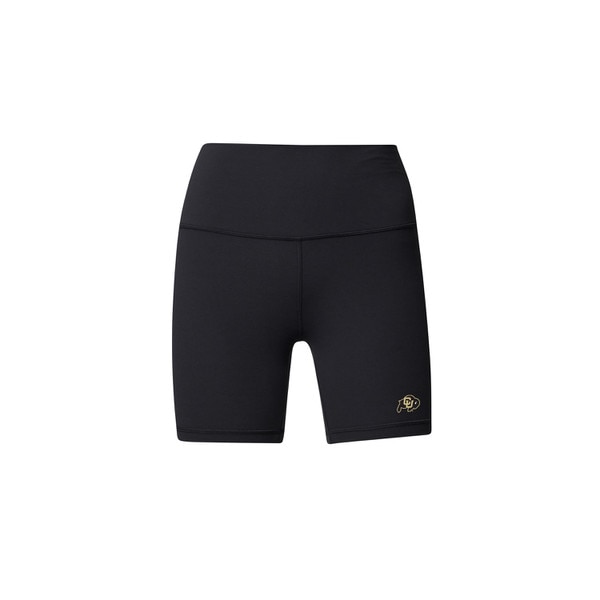 A pair of black biker shorts with a CU Buffalo Logo adorning the left leg.