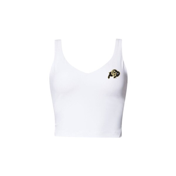 A white athletic cropped tank with a C-U Buffalo logo on the left chest.