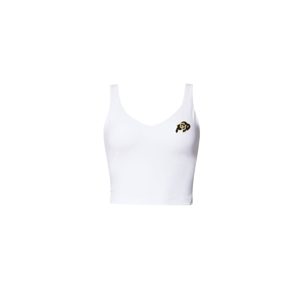 A white athletic cropped tank with a C-U Buffalo logo on the left chest.