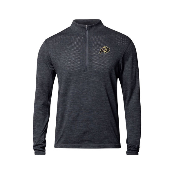 A black charcoal lululemon half zip pullover with CU buffalo logo and vented design.