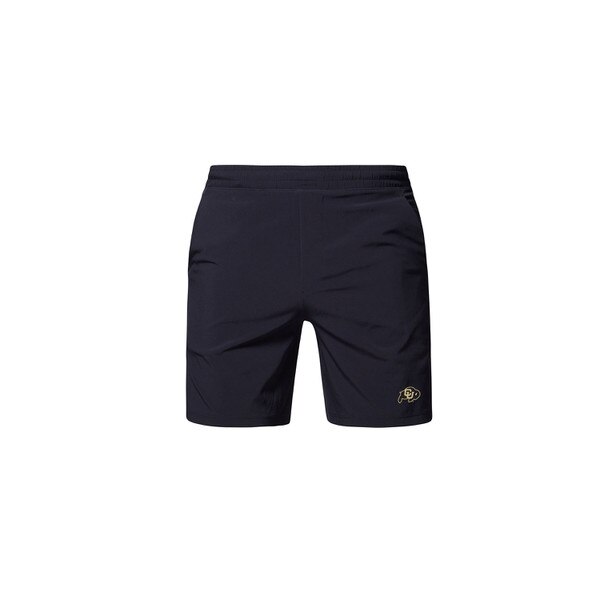 A black pair of shorts with a C-U Buffalo logo on the bottom left corner.