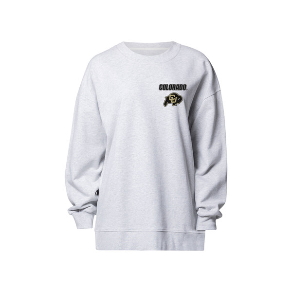 An white lululemon crewneck with the CU Buffalo logo and "Colorado" in black, block lettering on the left side of the chest.