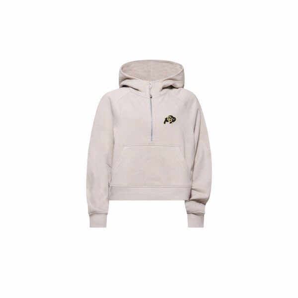 A tan lululemon half zip hoodie with the CU Buffalo logo on the left side of the chest.