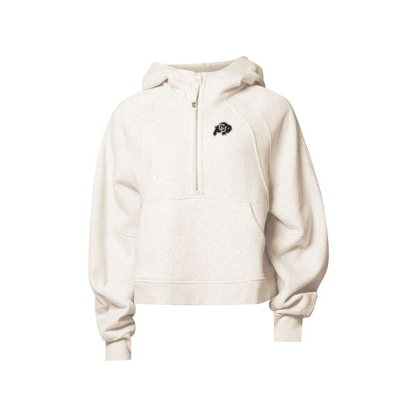 An ivory colored lululemon half zip hoodie with the CU Buffalo logo on the left side of the chest.