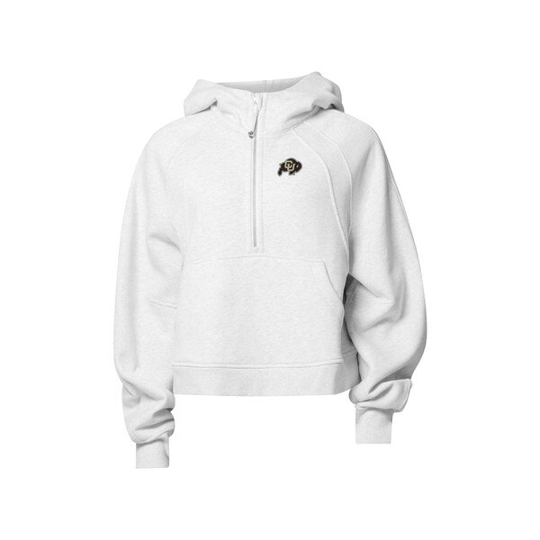 A white lululemon half zip hoodie with the CU Buffalo logo on the left side of the chest.