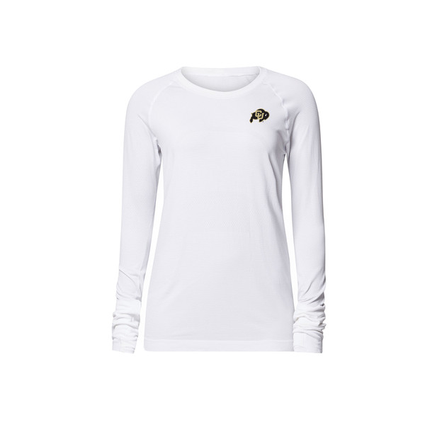 A white long sleeve shirt with thumb holes. The left chest features a CU Buffalo Logo.