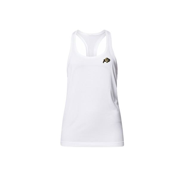 A white lululemon racerback tank top with the CU Buffalo logo on the left side of the chest.